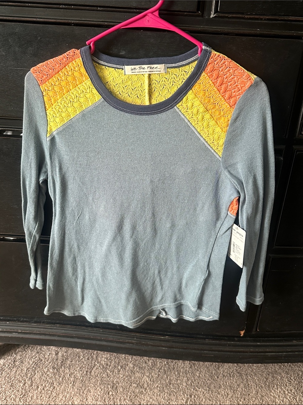 We The Free Heather Blue Long Sleeve Top with Yellow & Coral Shoulder Panels